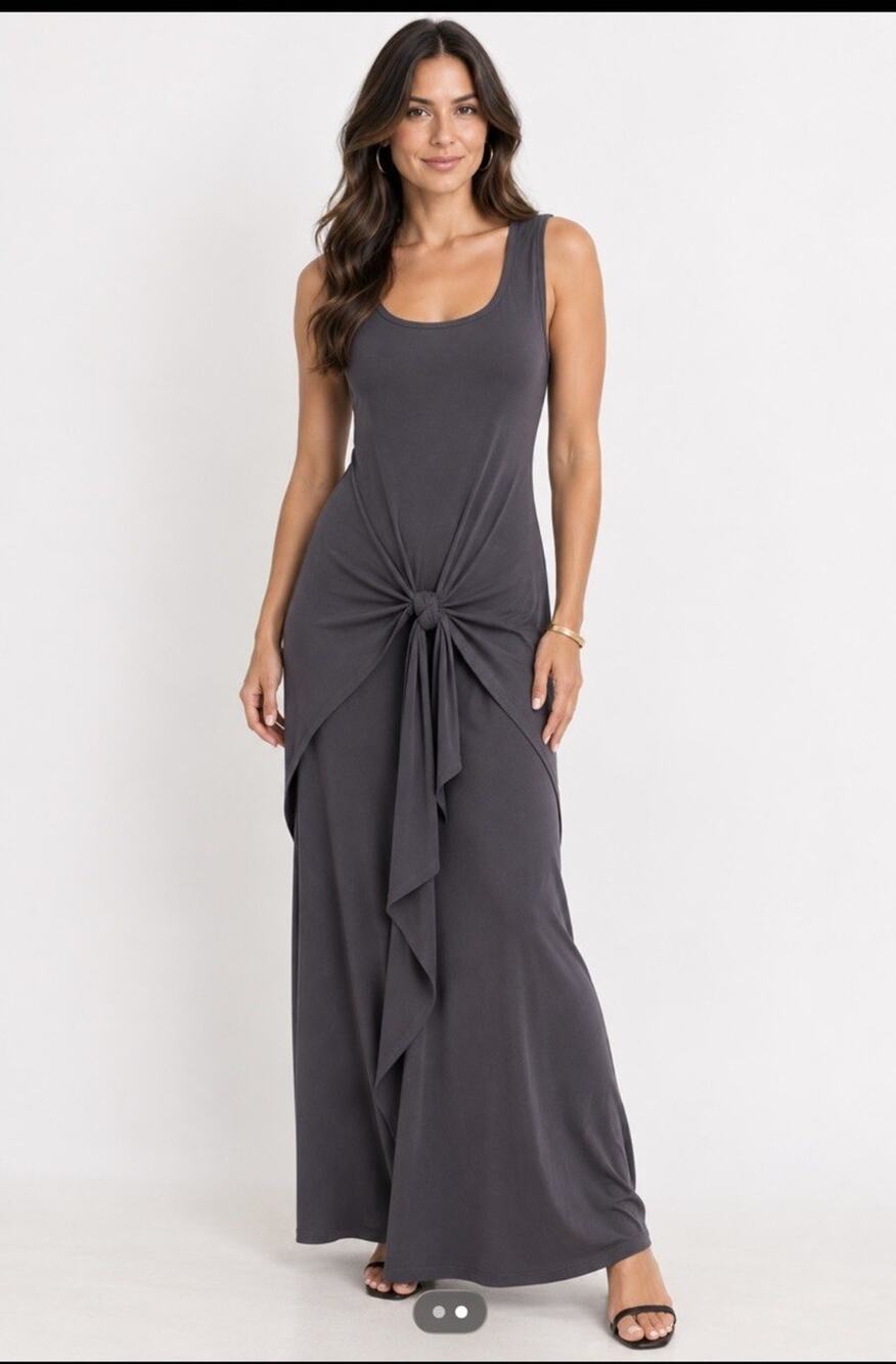 NWT Cider Ribbed Grey Sleeveless Draped Front Knot Dress XL Stretch Casual Chic